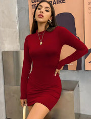 Long Sleeve Slim Bodycon Mini Dress Women Turtleneck Pleated Party Ruched Short Evening Club Outfit Soild Color