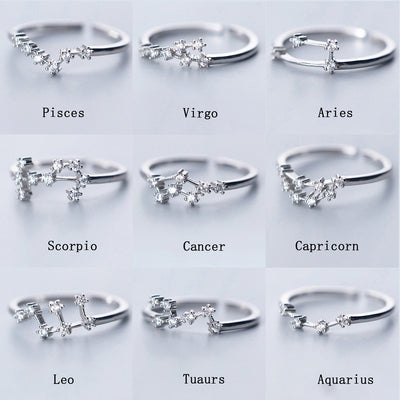 12 Constellation Rings For Women Cubic Zircon Adjustable Zodiac Rings Silver Color Jewelry Gifts - Vintagebrandclothingline