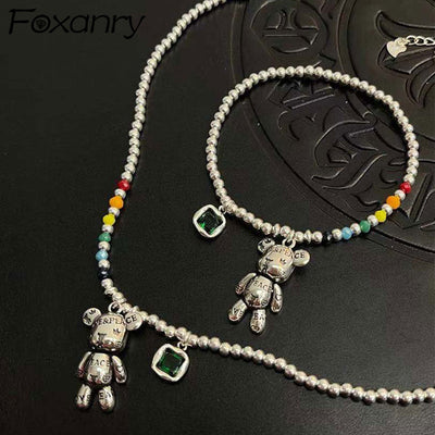 FOXANRY 925 Stamp Necklace Bracelet Jewelry Trend Simple String of Beads Design Bear Zircon Pendant Party Jewelry - Vintagebrandclothingline