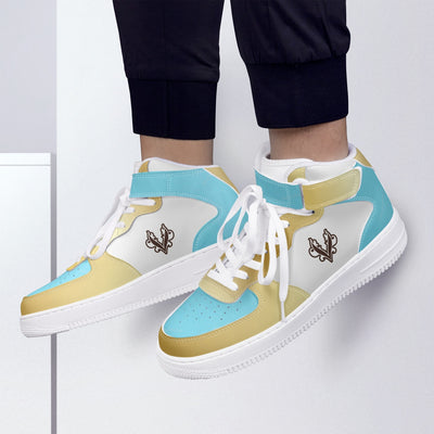 Gold,Sky Blue,and White Vintage High-Top Leather Sports Sneakers - Vintagebrandclothingline