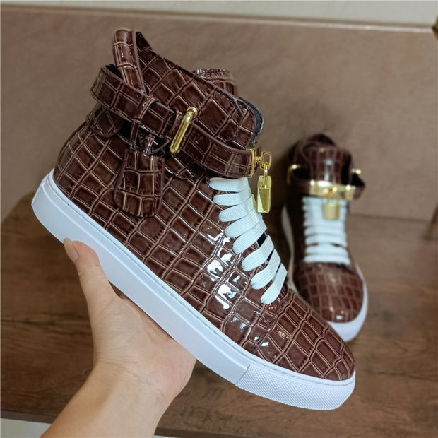 Phenkang Men Alligator Pattern High Top Sneakers Lock Lace Flats Glossy Real Leather Newest Designer Boots Men‘s Casual Shoes - Vintagebrandclothingline