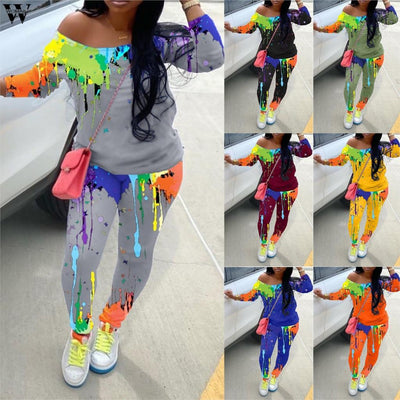 Two Piece Set Women Tracksuit Tie Dye Print Long Sleeve Top Jogger Pants Suit Tracksuit Matching Set Graffiti Casual fall Outfit
