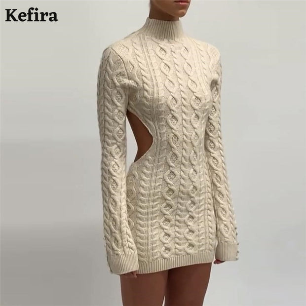 Jacuqeline Long Sleeve Sexy Backless Knitted Women Dress Mini Fashion Casual Warm Skinny Bodycon Sweater Dresses Autumn Winter - Vintagebrandclothingline