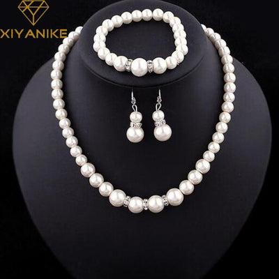 Fashion Classic Imitation Pearl Silver Plated Clear Crystal Top Elegant Party Gift Fashion Costume Pearl Jewelry Sets N85 - Vintagebrandclothingline