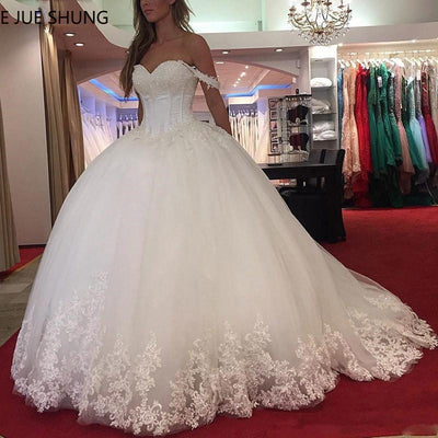 E JUE SHUNG White Lace Appliques Ball Gown Wedding Dresses 2020 Sweetheart Beaded Princess Bride Dresses robe de mariee - Vintagebrandclothingline