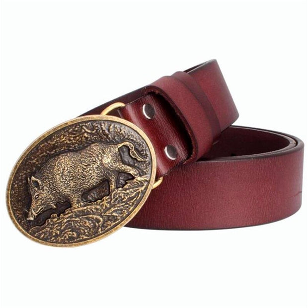 Genuine Leather male Wild boar buckle pig skin belt metal swine fashion strap for men gift belt Wild boar belts - Vintagebrandclothingline