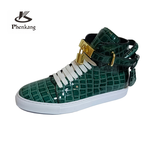 Phenkang Men Alligator Pattern High Top Sneakers Lock Lace Flats Glossy Real Leather Newest Designer Boots Men‘s Casual Shoes - Vintagebrandclothingline