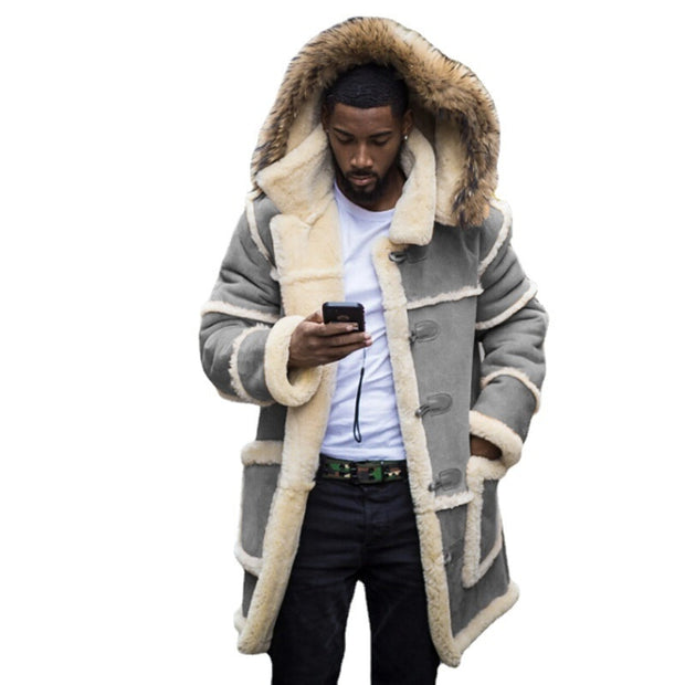 Winter Warm Thicken Mens Faux-Fur Jacket Fleece Stitching Casual Slim-fit Lapel Pocket Hooded Jacket High Quality Outwear 6N0147