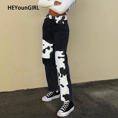 HEYounGIRL Patchwork Cow Print Jeans Women Casual High Waisted Pants Capris Harajuku 90s Black Long Trousers Ladies Street - Vintagebrandclothingline