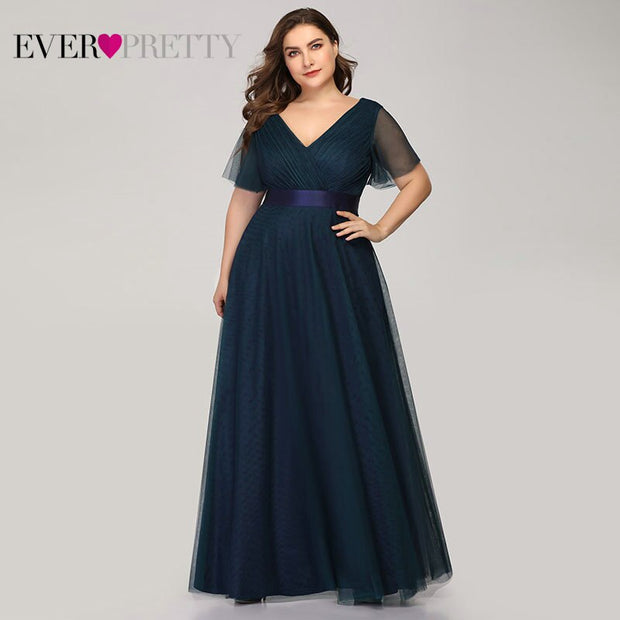 Plus Size Evening Dresses Ever Pretty V-neck Nay Blue Elegant A-line Chiffon Long Party Gowns 2020 Short Sleeve Occasion Dresses - Vintagebrandclothingline
