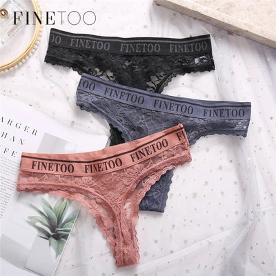FINETOO 3Pcs G-String Panties Women Lace Thong Sexy Girls Briefs Lingerie M-XL G-String Women Thongs Female Underwear Underpants - Vintagebrandclothingline