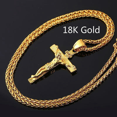Religious Jesus Cross Necklace for Men Fashion Gold color Cross Pendent with Chain Necklace Jewelry Gifts for Men - Vintagebrandclothingline