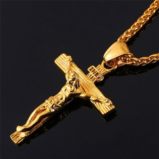 Religious Jesus Cross Necklace for Men Fashion Gold color Cross Pendent with Chain Necklace Jewelry Gifts for Men - Vintagebrandclothingline