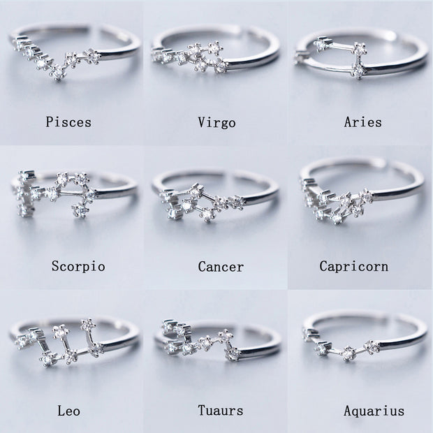 12 Constellation Rings For Women Cubic Zircon Adjustable Zodiac Rings Silver Color Jewelry Gifts - Vintagebrandclothingline