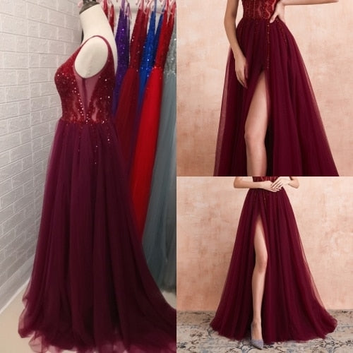 Beading High Split Prom Dress - Vintagebrandclothingline