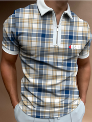 2021 Summer Chic Plaid Casual Mens Short Sleeve Polo Shirts Patchwork Turn-Down Collar Zipper Design Men Print Tops Pullovers - Vintagebrandclothingline