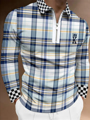 2021 Summer Chic Plaid Casual Mens Short Sleeve Polo Shirts Patchwork Turn-Down Collar Zipper Design Men Print Tops Pullovers - Vintagebrandclothingline