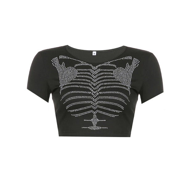 Rhinestone Skeleton Print T Shirts Gothic Clothing Grunge Cyber Y2k Clothes Sexy Black Long Sleeve O-neck Crop Top T-shirt Women - Vintagebrandclothingline